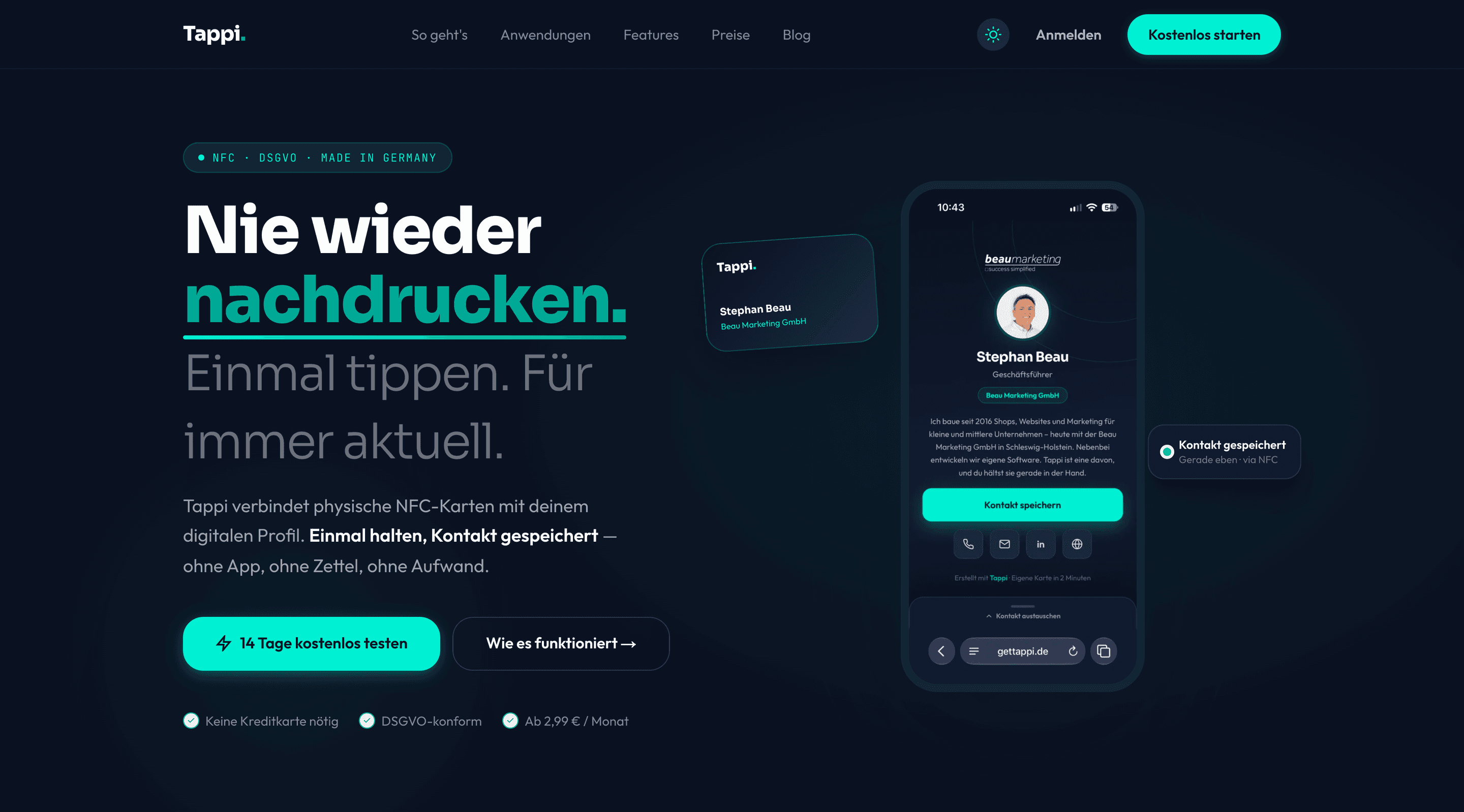 Startseite von gettappi.de: „Nie wieder nachdrucken.“ mit digitaler Visitenkarte auf dem iPhone