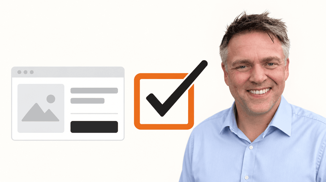 Stephan Beau lächelt neben der Skizze einer Shop-Produktseite und einem orangefarbenen Kästchen mit schwarzem Haken.