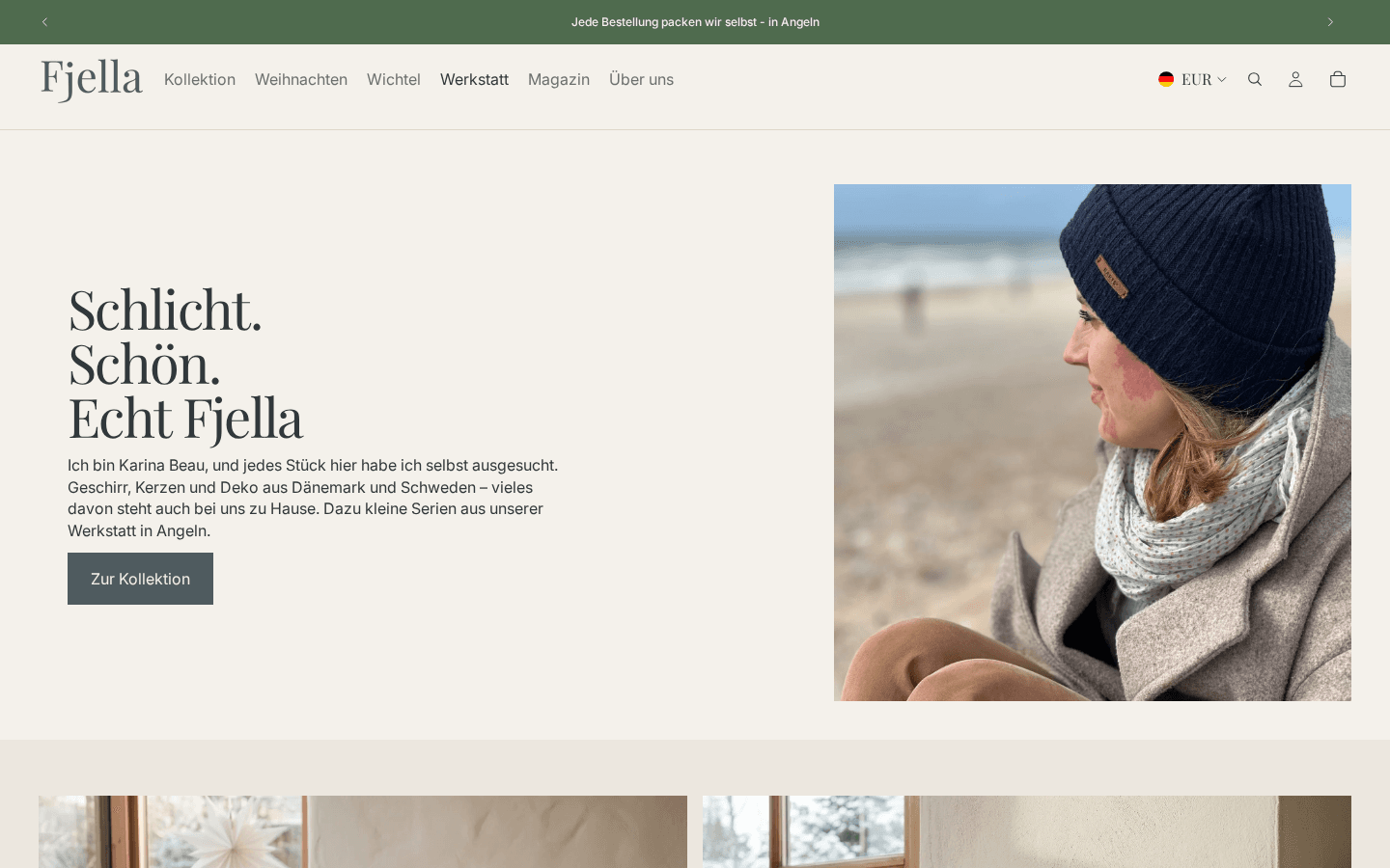 Startseite des Shopify-Shops Fjella: „Schlicht. Schön. Echt Fjella“ mit Karina Beau am Strand