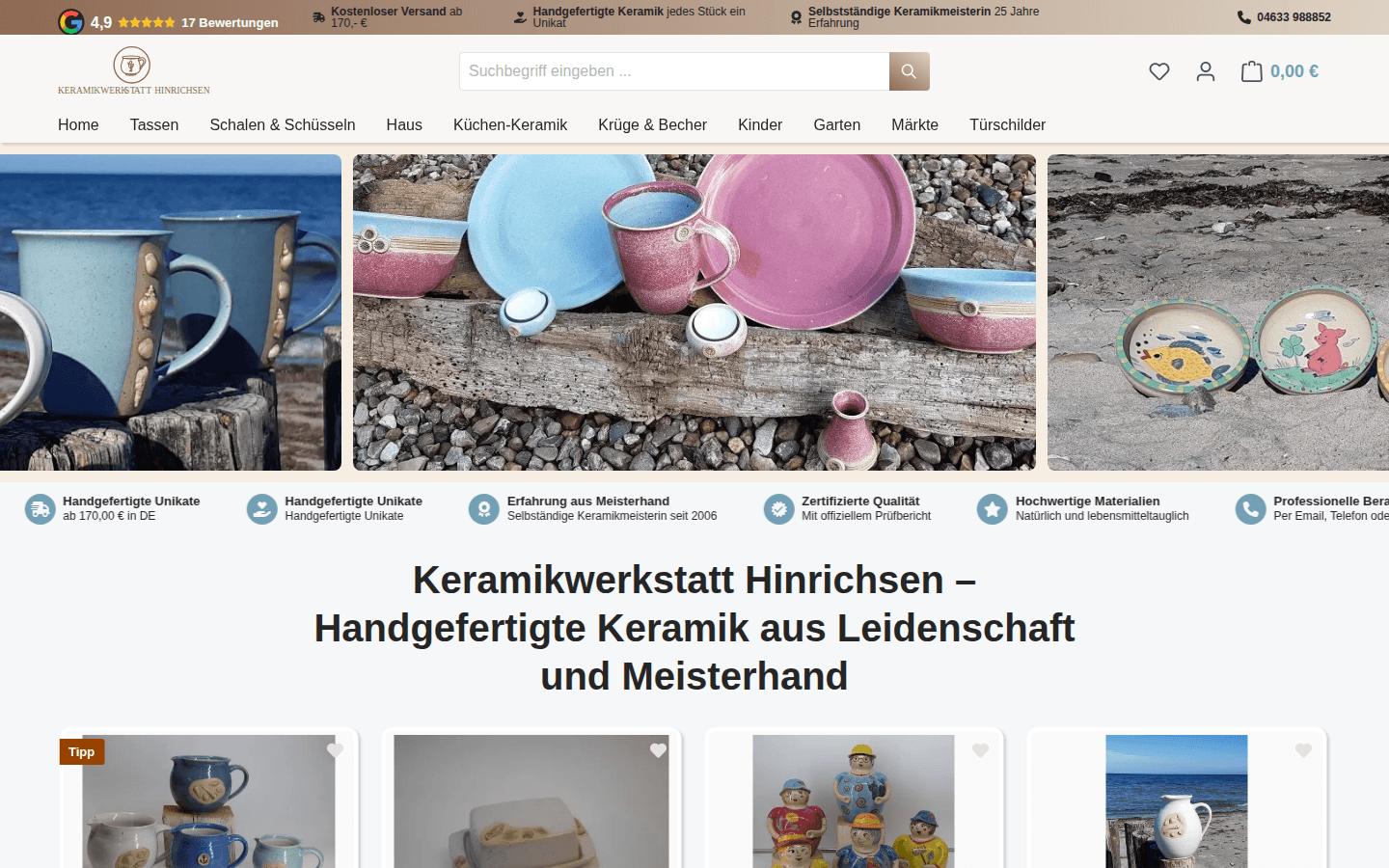 Onlineshop der Keramikwerkstatt Hinrichsen: Startseite mit handgefertigter Keramik am Strand