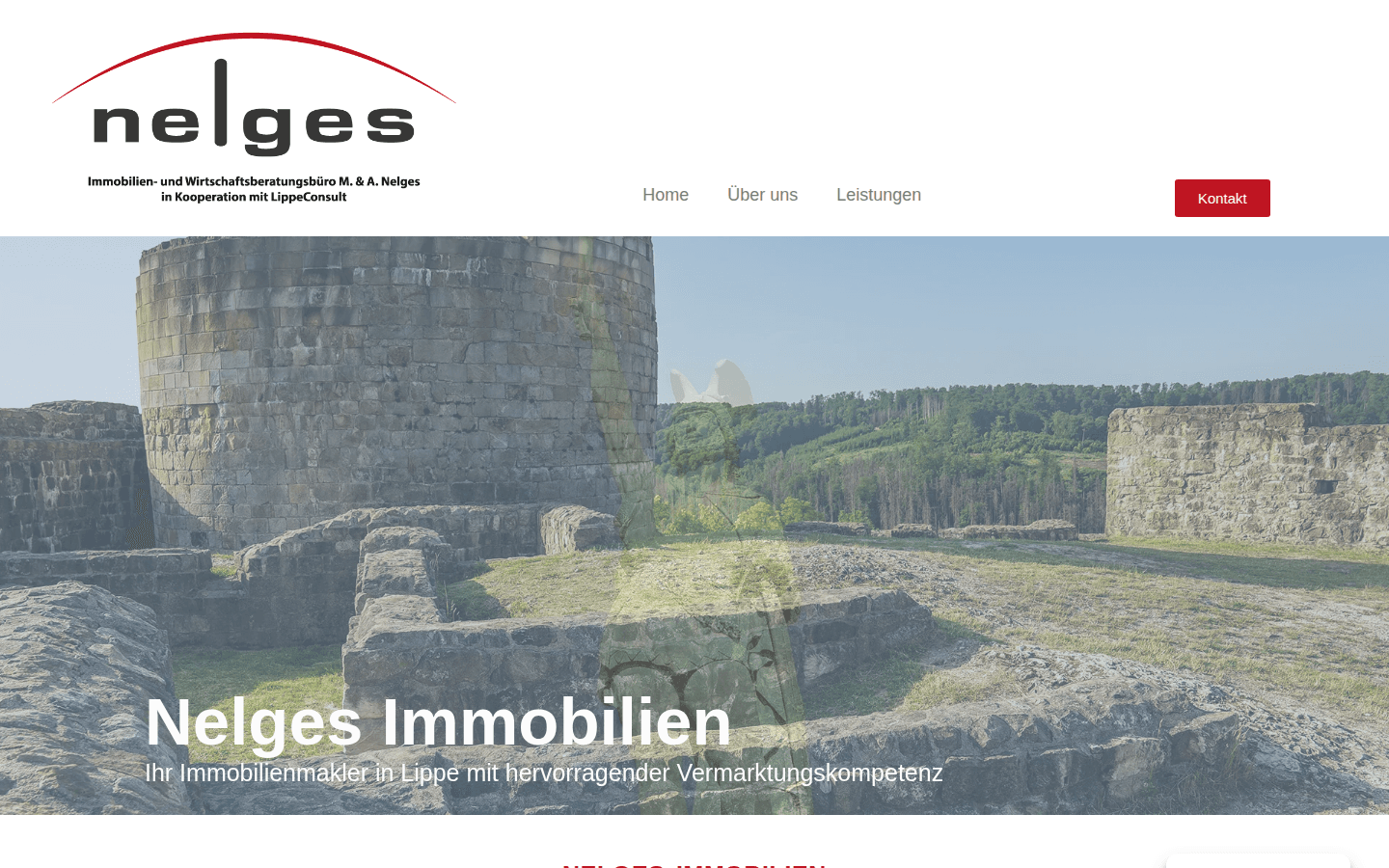 Startseite von Nelges Immobilien, Immobilienmakler in Lippe, mit Burgruine als Titelbild