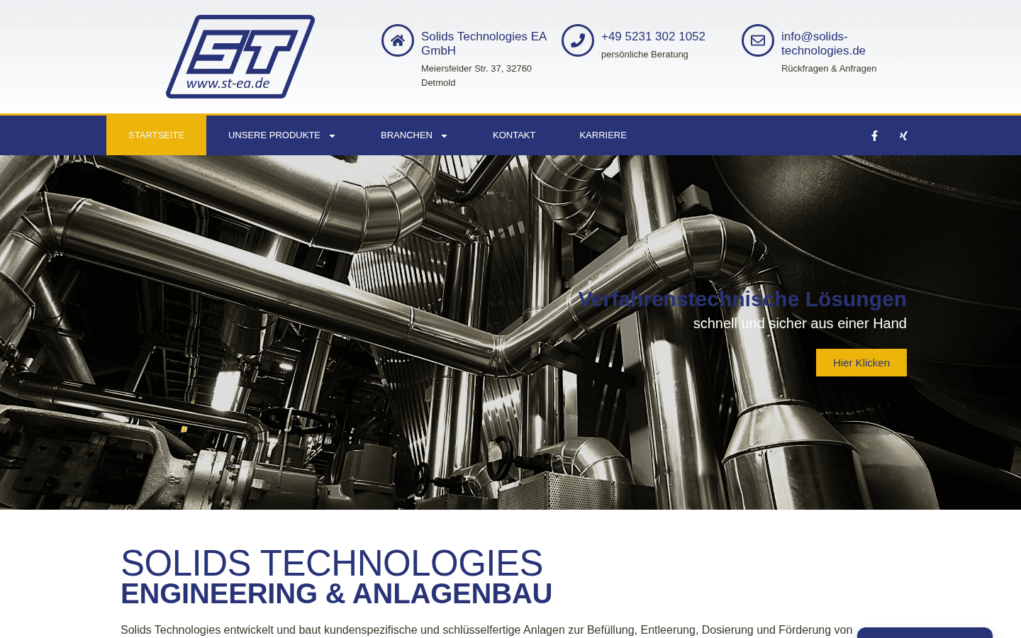 Startseite von Solids Technologies: Anlagenbau mit Edelstahl-Rohrleitungen und Navigation zu Produkten und Branchen