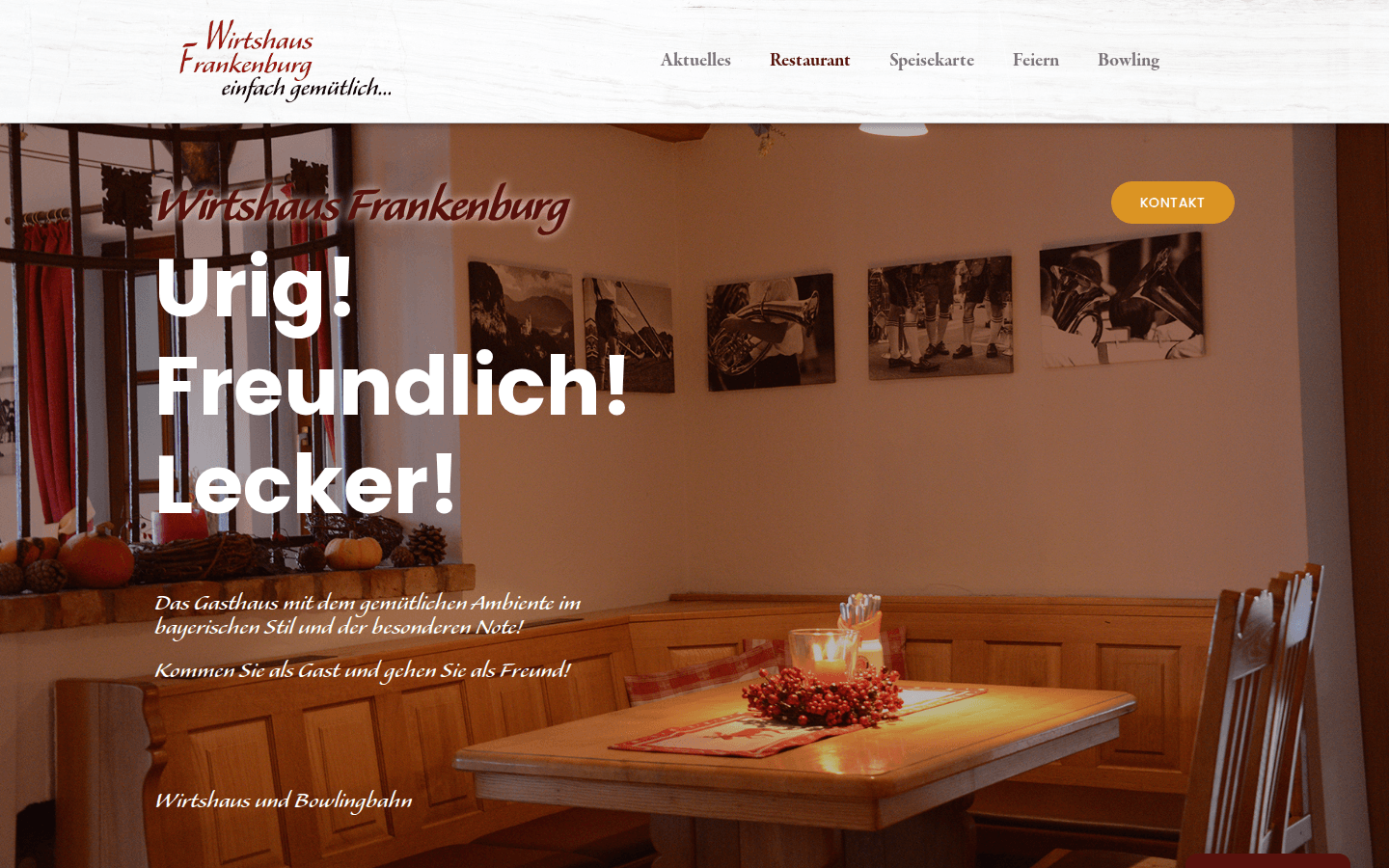 Startseite des Wirtshaus Frankenburg: „Urig! Freundlich! Lecker!“ mit Blick in die Gaststube