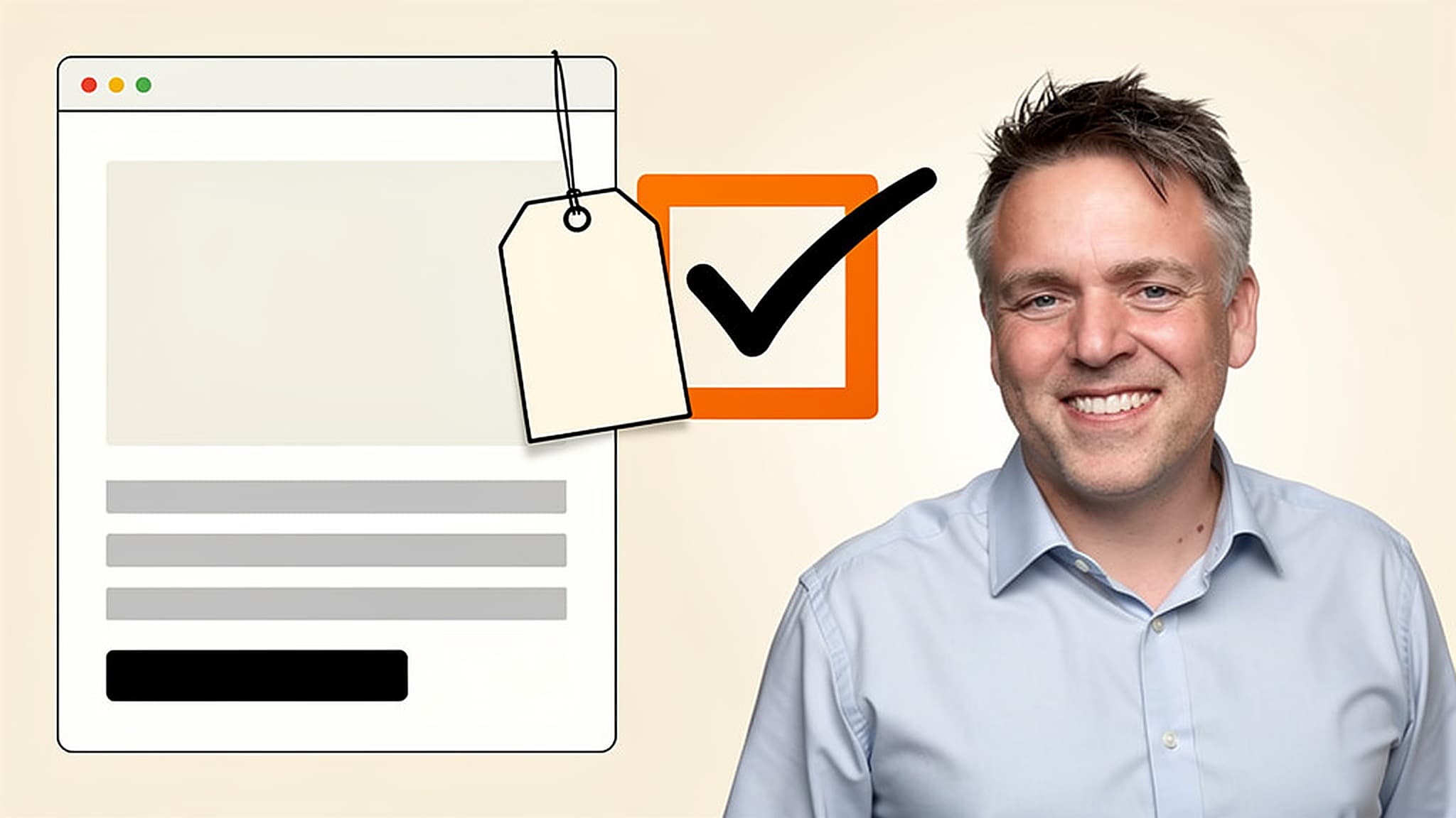 Stephan Beau lächelt neben der Skizze einer Website mit Preisschild und einem orangefarbenen Kästchen mit schwarzem Haken.